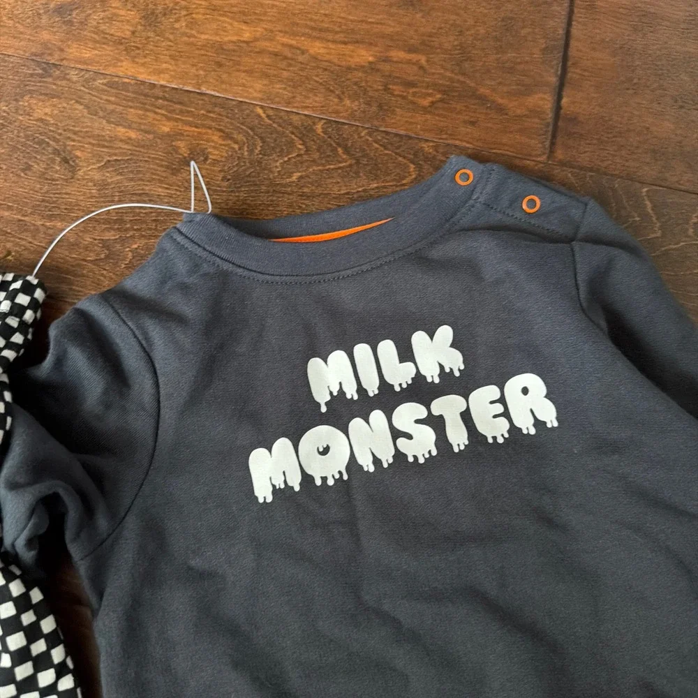 Cat & Jack Boys 18 M Halloween Milk Monster Shirt Checkered Jogger Pants Grey